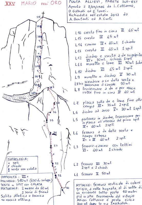 XXVMariodellOro.jpg - Ottima e impegnativa via su granito stupendo. Riporto la relazione da Planet Mountain perché la via ha subito recentemente ( 2012 ) un 'restiling' con l'attrezzatura a spit delle soste. Ogni sosta è fornita di 2 spit con anelli di calata pertanto è possibile scendere in doppia in caso di emergenza. Sono stati aggiunti una decina di spit in via. Rimane comunque una via alpinistica ed è consigliabile portarsi una bella scorta di friend dallo 0.5 al 4 BD. Le misure 1, 2, 3, anche doppi potrebbero essere molto utili nei primi due tiri spesso bagnati. Attenzione al tiro indicato in figura da S8 a S8bis: è consigliabile calarsi in doppia verso il canale dalla sosta per una 20 di metri al max e poi traversare il canale alla ricerca di uno spit dal lato opposto. Non scendere troppo del canale, se incontrate una sosta al posto di uno spit singolo siete sulla via 'Così è se vi pare' anch'essa attrezzata recentemente.