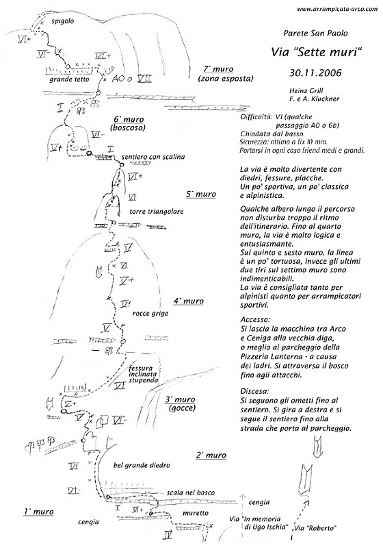 Relazione.jpg - Bella via creata dall'instancabile Grill alla parete San Paolo. Roccia ovunque buona/ottima, protezioni miste a chidi, clessidre, spit. Passaggi molto vari, dai classici diedri fessurati alle placche a gocce. Consigliabile portarsi friend da 0.75 a 2 per integrare nella bellissima fessura del terzo tiro. Vivamente consigliata.