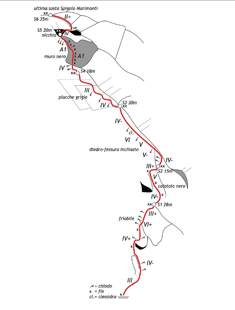 Schizzo.jpg - La descrizione completa è riportata qui http://larioclimb.paolo-sonja.net/falesie_lecco/cecilia/fahrenheit451.pdfFare attenzione, tratti di roccia friabile e parte finale del 5 tiro a chiodi distanziati rendono la via più impegnativa di quello che può sembrare dallo schizzo.