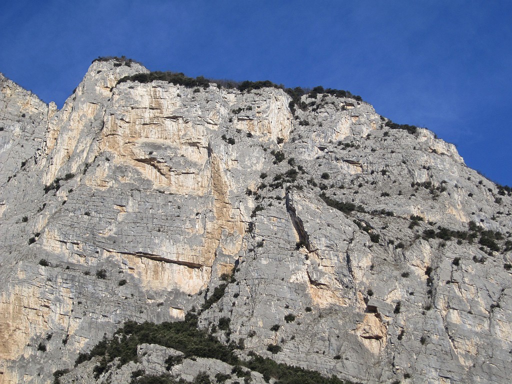 IMG_0003.JPG - La via percorre la sequenza di diedri appena a sinistra della evidente colata rossastra al centro della parete.