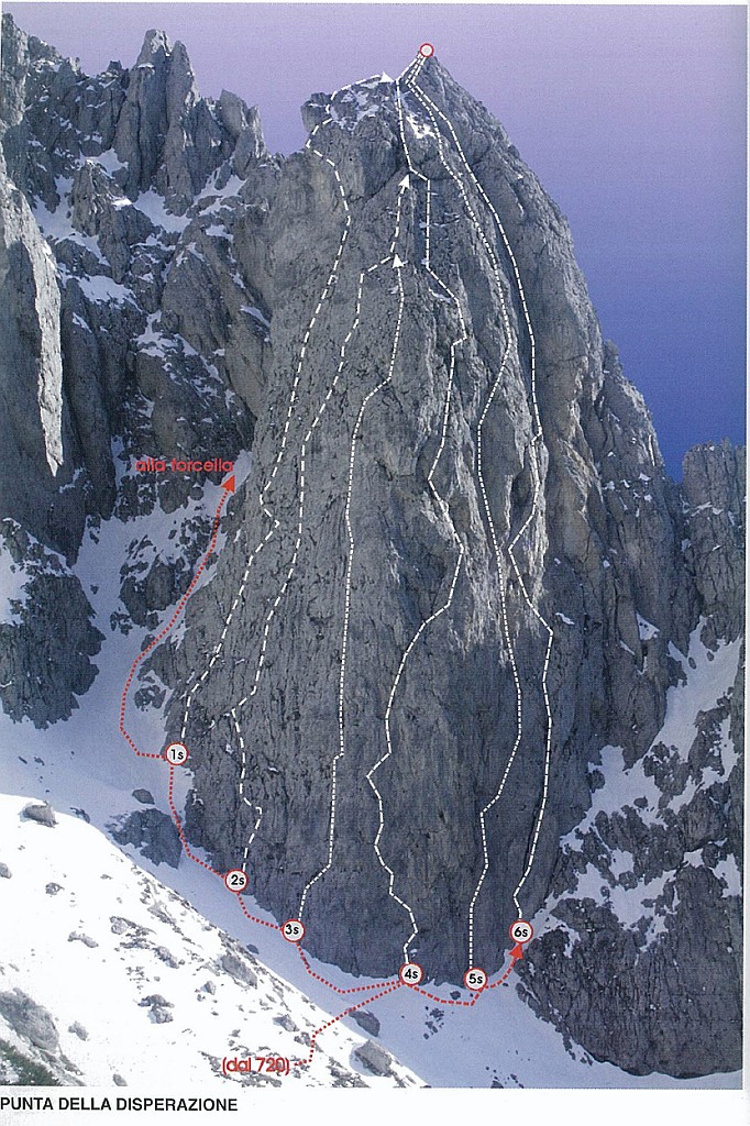 Schizzo.jpg - La via è la 4s nello schizzo tratto dalla guida "Pale di San Martino - Arrampicare - Camminare - Volare" di S. Scalet.Per raggiungere la parete prendere il sentiero 720 che porta alla forcella delle Mughe. Poco dopo essere usciti dalla vegetazione abbandonarlo per prendere una traccia che porta verso la parete. Circa 45 minuti dal rifugio.