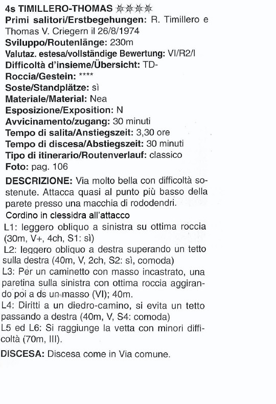 TimilleroThomas.jpg - Via bella e sostenuta nei primi tre tiri. Roccia buona, attenzione però a intraprenderla quando la parete è bella asciutta, presente gocciolio sotto gli strapiombi. Prima sosta su tre chiodi, c'erano due spit ma li hanno martellati. Attenzione al terzo tiro: non farsi ingannare dai chiodi a destra, salire appena a destra della sosta (facile )  e poi traversare a sinistra raggiungendo uno spit. Da qui si sale per bella lama di  VI