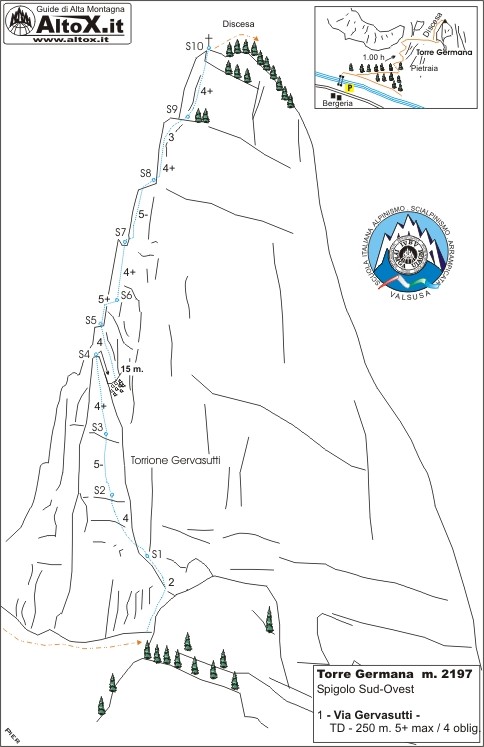 RelazioneTorreGermana.jpg - Bella via classica, sul facile ma divertente. Meno di un'ora di avvicinamento, roccia in genere buona ma anche unta per le innumerevoli ripetizioni. Soste a spit, qulache spit anche lungo i tiri, consigliati comunque friend medio piccoli. Altre informazioni qui http://www.altox.it/ValsusaVieRocciaCl/torregermana.htm