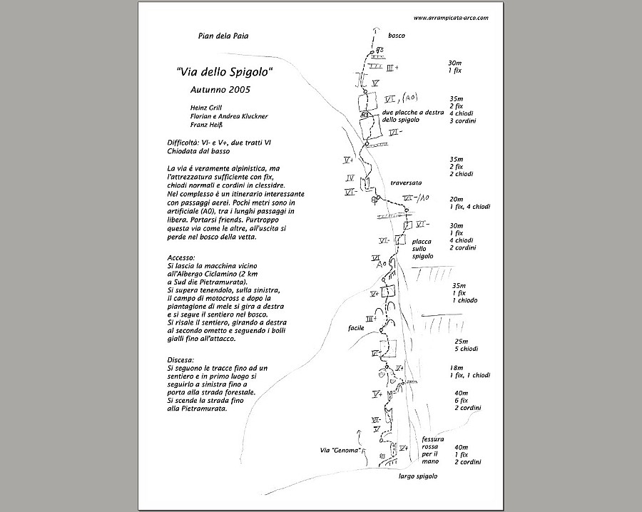 RelazioneSpigolo.jpg - Bella via alpinistica ! Lo spigolo pur dando il nome alla via è poco evidende. Precisa la relazione del Grill tratta da http://www.arrampicata-arco.com/via-spigolo.htmlUnica precisazione: dal termine della via indicato sulla relazione si percorrono ancora poco più di 100 m nel bosco ( consigliabile restare legati ) seguendo alcune indicazioni e cordini sugli alberi. Alla fine della via ignorare gli ometti e seguire un sentiero ben segnato a bolli rossi che va a destra e non a sinistra come indicato dalla relazione.  La salita è stata allietata dal rombo proveniente dal crossodromo sottostante :-)