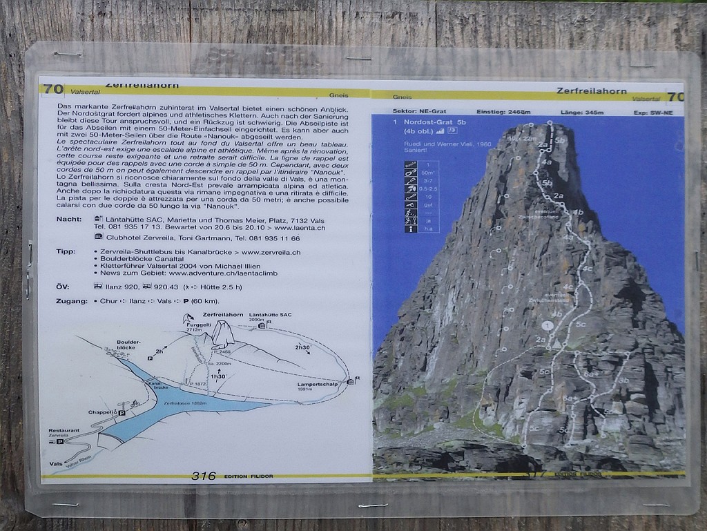 Zervreila_climbing_route.jpg - Mappa stradale https://goo.gl/maps/WxPSZXGEALH2Da Vals continuare in auto lungo la valle fino al lago Zervreila. Parcheggio. Divieto di campeggio, consigliabile montare la tenda al buio e smontarla all'alba. Proseguire sulla stradina sterrata, attraversare il lago sul ponte. Poco dopo sulla sinistra si stacca un sentiero ben segnalato che con percorso obliquo porta alla base della montagna. 