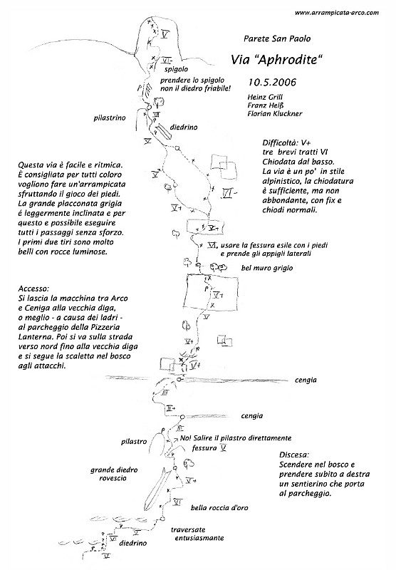 Relazione.jpg - Bella vietta al San Paolo, ideale per le corte giornate autunnali. Consigliato qualche friend fino al 3 la chiodatura non è proprio ravvicinata. Sulla guida "Pareti del Sarca"  è un po' sottovalutata, meglio la relazione dell'apritore qui sopra riportata e reperibile su www.arrampicata-arco.com