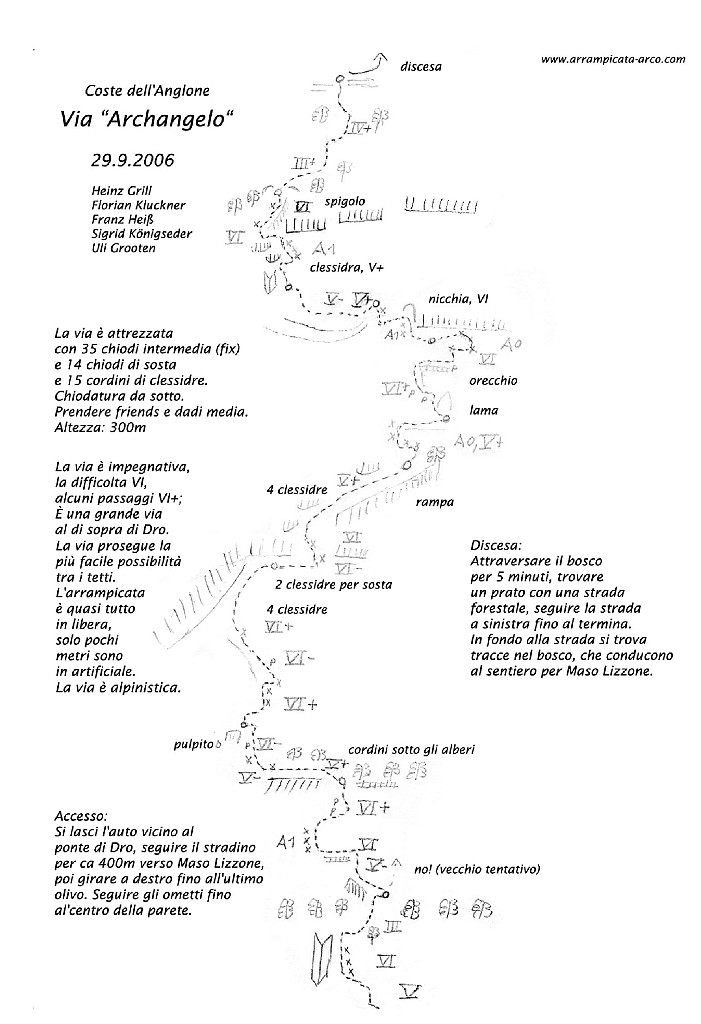 Relazione.jpg - Arcangelo è una via bella, ben protetta ma impegnativa. Roccia ovunque buona, spesso stupende placche a gocce o traversi su cannellure. Impegnativa per il grado, intorno al VI su quasi tutti i tiri con qualche passo di VI+ obbligato.  La relazione dell'apritore riportata sopra è precisa ma per chi preferisse una descrizione 'testuale' c'è un'ottima relazione qui http://www.scuolaguidodellatorre.it/relazioni/roccia/Sarca-viaArchangelo.html