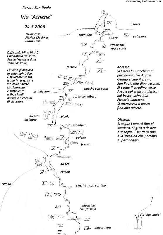 PareteSanPaolo_Athene.jpg - Bella vietta ideale quando si ha poco tempo a disposizione o in caso di meteo incerto. Generalmente ben protetta ma il VI- del 9 tiro su placca a gocce protetto lungo e impossibile da integrare regalerà intense emozioni.