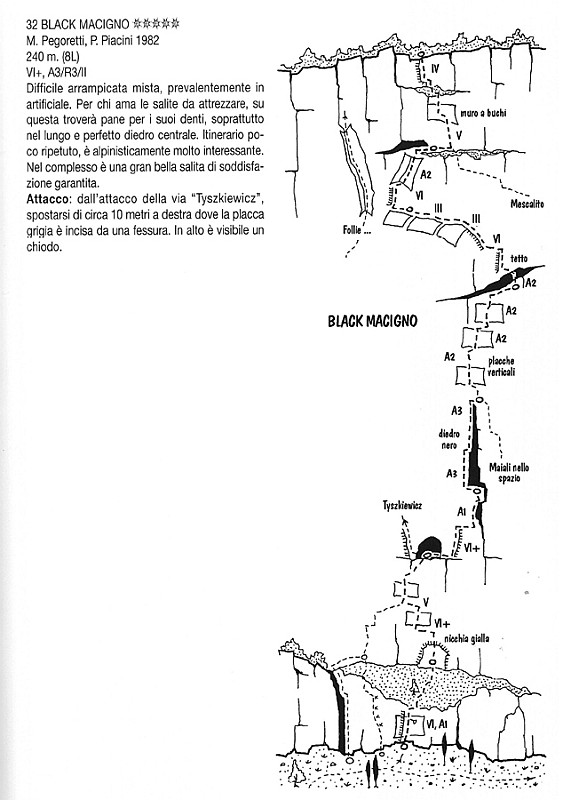 BlackMacigno.jpg - In due parole corta ma intensa ! Appena ci si alza a destra della grotta della Tyszkiewicz appare il carattere della via : tratti di artificiale faticosa e dove è arrampicabile c'è da darsi dafare, inutile illudersi di tirarla tutta sui chiodi ! Soste sicure su spit e golfari, qualche spit nuovo anche lungo i tiri, anchi i chiodi vecchi hanno un aspetto rassicurante. Peccato che il diedro fessura sia così sporco di guano da risultare schifoso e poco arrampicabile.