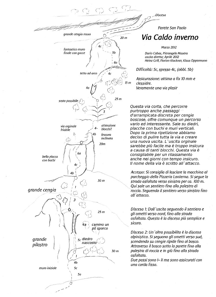CaldoInverno.jpg - Via ideale per le corte giornate invernali. Roccia buona anche se a tratti un po' unta. Difficoltà 6a / 5c obbligata. Ben protetta, praticamente inutili i friends. Relazione anche sul sito dei sass baloss http://www.sassbaloss.com/pagine/uscite/sanpaolo16/sanpaolo16.htm 