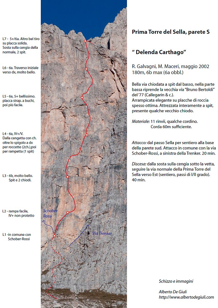 SchizzoDelenda.jpg - Bella via sportiva sulla I Torre del Sella. Idelae per le mezze giornate o in caso di tempo incerto. Arrivati nei pressi dell'attacco si vede un cordone sfilacciato in alto, prima sosta della Schober Rossi. Non salire direttamente ma spostarsi a sinistra ( tracce evidenti )