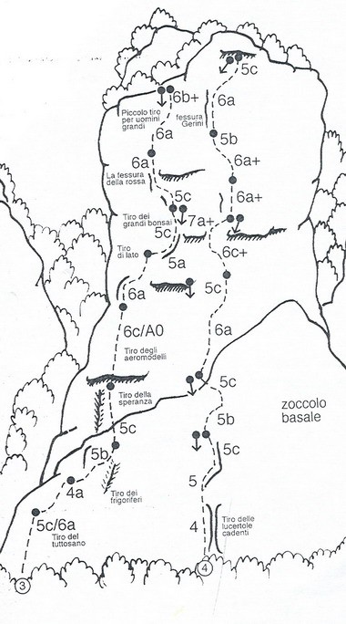 FigliDellaLupaSchizzo.jpg - Per la relazione e altre info vedere qui http://www.toscoclimb.it/public/v2/modules/rockdocg/print.php?storyid=3Aggiungo che la via è più impegnativa per difficoltà di quello che sembra dalla relazione. Consigliati friend fino al 2. Abbiamo lasciato un cordone verde in una clessidrina all'attacco. 