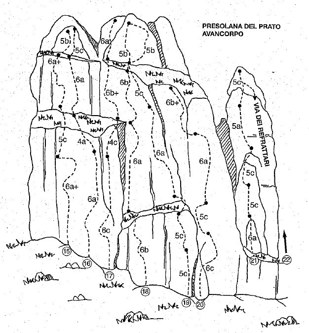 Relazione.jpg - Piacevole vietta sulla Sud della Presolana del prato. Dal Passo della Presolana raggiungere la malga Cassinelli e poi la Cappella Savina. Da qui si stacca un sentiero sulla destra che porta in prossimità delle placche. La via è la 19 sullo schizzo. Nome scritto in rosso alla base.