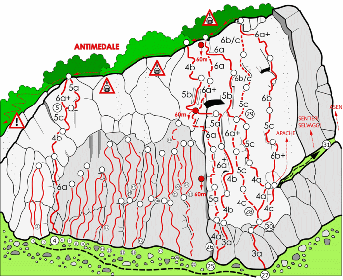 antimedale.gif - 25 VIA CHIAPPA  -   27 VIA DINOIA (o VIA DEGLI ISTRUTTORI, o VIA DI MARCO) Immagine tratta da http://www.paolo-sonja.net/larioclimb/falesie_lecco/antimedale/index.htmlSe non si è pratici del posto conviene portarsi uno schizzo della parete. Le vie sono tante e si intersecano per cui è facile sbagliareLa roccia è un ottimo calcare purtroppo in alcuni punti un po' unto dalle innumerevoli ripetizioni. Le soste sono attrezzate con resinati e catene, chiodi e resinati in via. Per ulteriori possibilità di protezione consigliati friend fino al 2 BD.