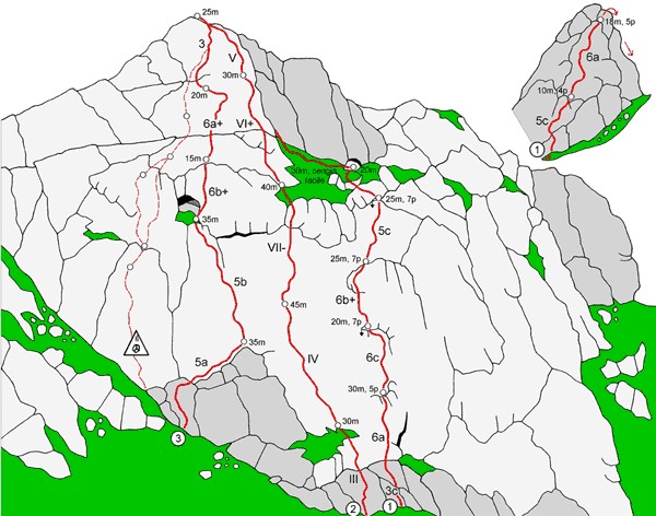 piancaformia_topos.gif - Via scelta per ripiego dopo aver visto che il canalone di val Cassina era troppo intasato di neve per arrivare all'attacco della Oppio. Arrampicata ben protetta a spit, possono essere utili microfriend o dati piccoli. Ho lasciato un cordino arancione in una clessidra all'attacco. Il primo tratto è molto facile ma su roccia brutta e gli spit partono parecchi metri sopra quindi non sono ben visibili. La relazione è scaricabile da qui http://larioclimb.paolo-sonja.net/falesie_lecco/piancaformia.html