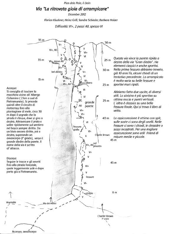 Relazione.jpg - L'ultima nata in Valle del Sarca ( 9 ripetizioni segnate sul libro di via ). Bella via, più facile e ben protetta rispetto alla vicina via "Dei Nonni". Mi sono ritrovato perfettamente nel nome: dopo un periodo un po' nero e di demotivazione ho ritrovato anch'io la gioia di arrampicare !