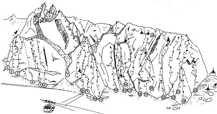 Spazzacaldera.jpg - La Leni è la numero 2 nello schizzo della parete dello Spazzacaldera. Oggi la parete brulica di alpinisti, la facilità di acesso con la funivia e la buona spittatura invogliano la frequntazione.