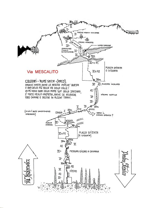 schizzo_mescalito.jpg - Bella via su roccia ottima. Ma quanto è dura ! Non lasciatevi ingannare dalla relazione, l'artificiale indubbiamente aiuta ma i passi obbligati sopra il VI+ ci sono eccome. Ben protetta, ma assolutamente consigliabile qualche friend medio piccolo.