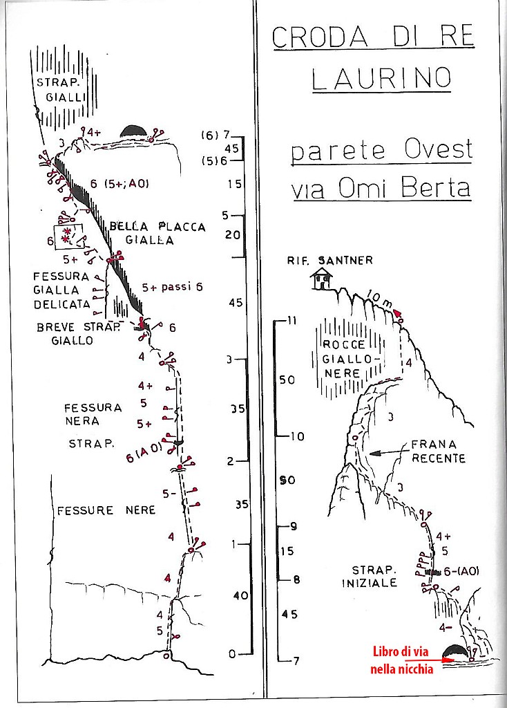 SchizzoOmiBerta.jpg - Lo schizzo tratto dalla guida 'La nuova guida del Catinaccio' di Antonio Bernard.  Che dire ... non concordiamo molto con la descrizione di via perfettamente chiodata, ad eccezione del bellissimo tiro in placca (5° tiro)  la chiodatura è alquanto parca e non sempre è facile integrare. Consigliato un martello per ribattere i chiodi ed eventualmente aggiungerne qaulcuno.