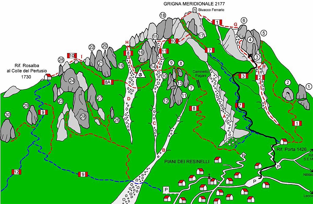 grignetta_map.jpg - Bella arrampicata sul Sigaro Dones, famoso 'paracarro' nel gruppo della Grignetta. Appena tre tiri ma belli e intensi. Per l'avvicinamento parcheggiare ai piani Resinelli e  appena prima del rifugio Porta prendere il sentiero Cermenati che porta alla cima della Grignetta. Dopo circa 20 minuti abbandonarlo verso destra in corrispondenza dell'indicazione 'Traverso per i Magnaghi'. Seguire questo sentiero fino al canalone porta e risalirlo fino alla base delSigaro.Percorso in nero. Si noterà l'attacco della via 'Gasomania' in corrispondenza a una fessura, proseguire ancora pochi metri. 